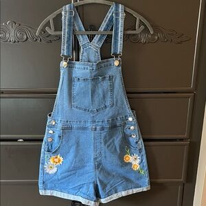 Denim Boho Floral Embroidered Short Overalls